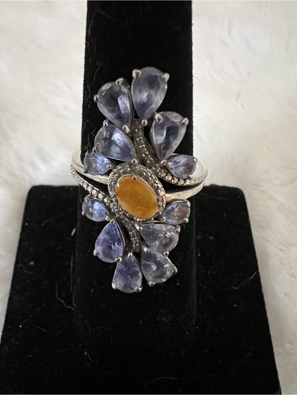 Sterling Silver Floral Cluster Ring with Tanzanite and Opal Stones